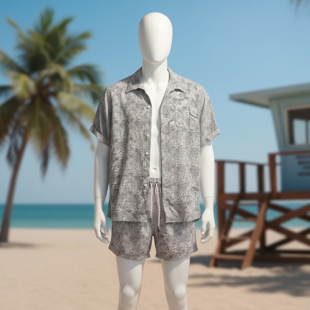 NWT Allfenix White Leopard Cabana Set Men Swim Trunk Board Shorts Button Shirt